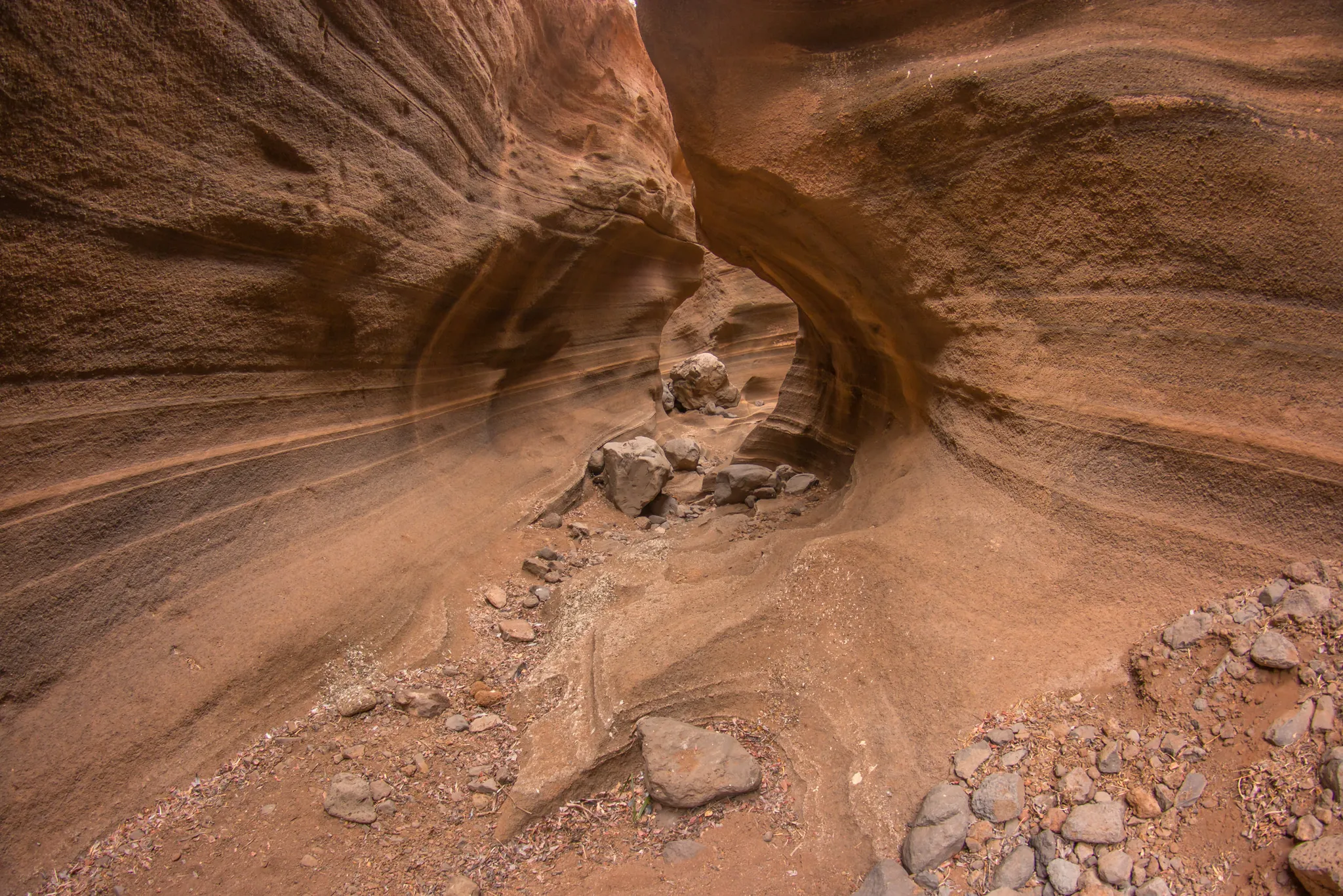 Las paredes onduladas de un barranco de roca arenisca, labradas por el agua en capas de color tierra, con piedras sueltas en el cauce.